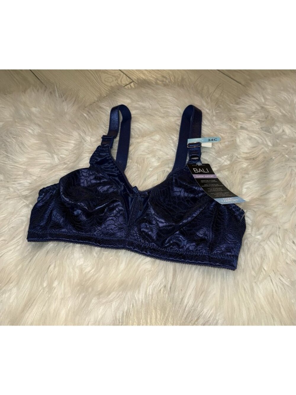 Bali 3372 Double Support Spa Closure Bra Satin WF Floral Womens 34C Blue New